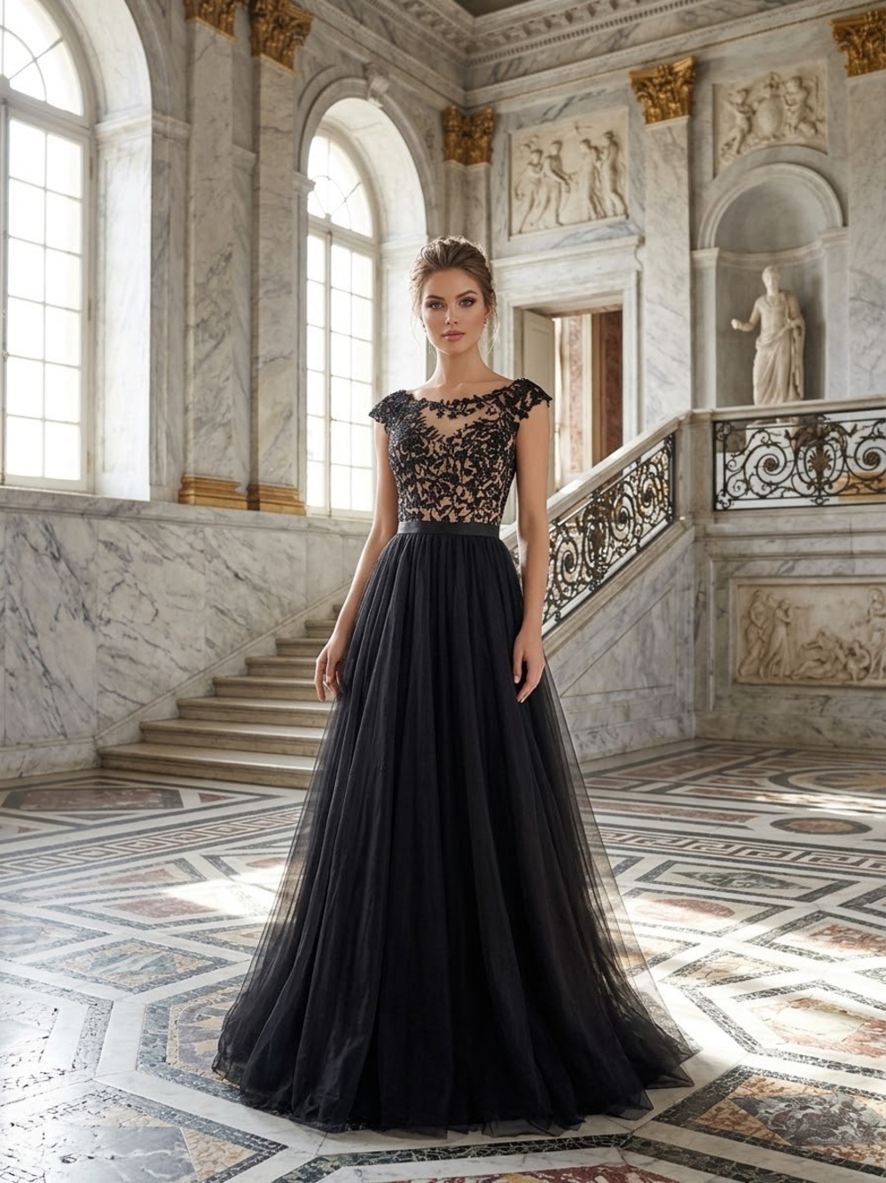 Sherri Hill Black Lace Bodice Tulle Ball Gown